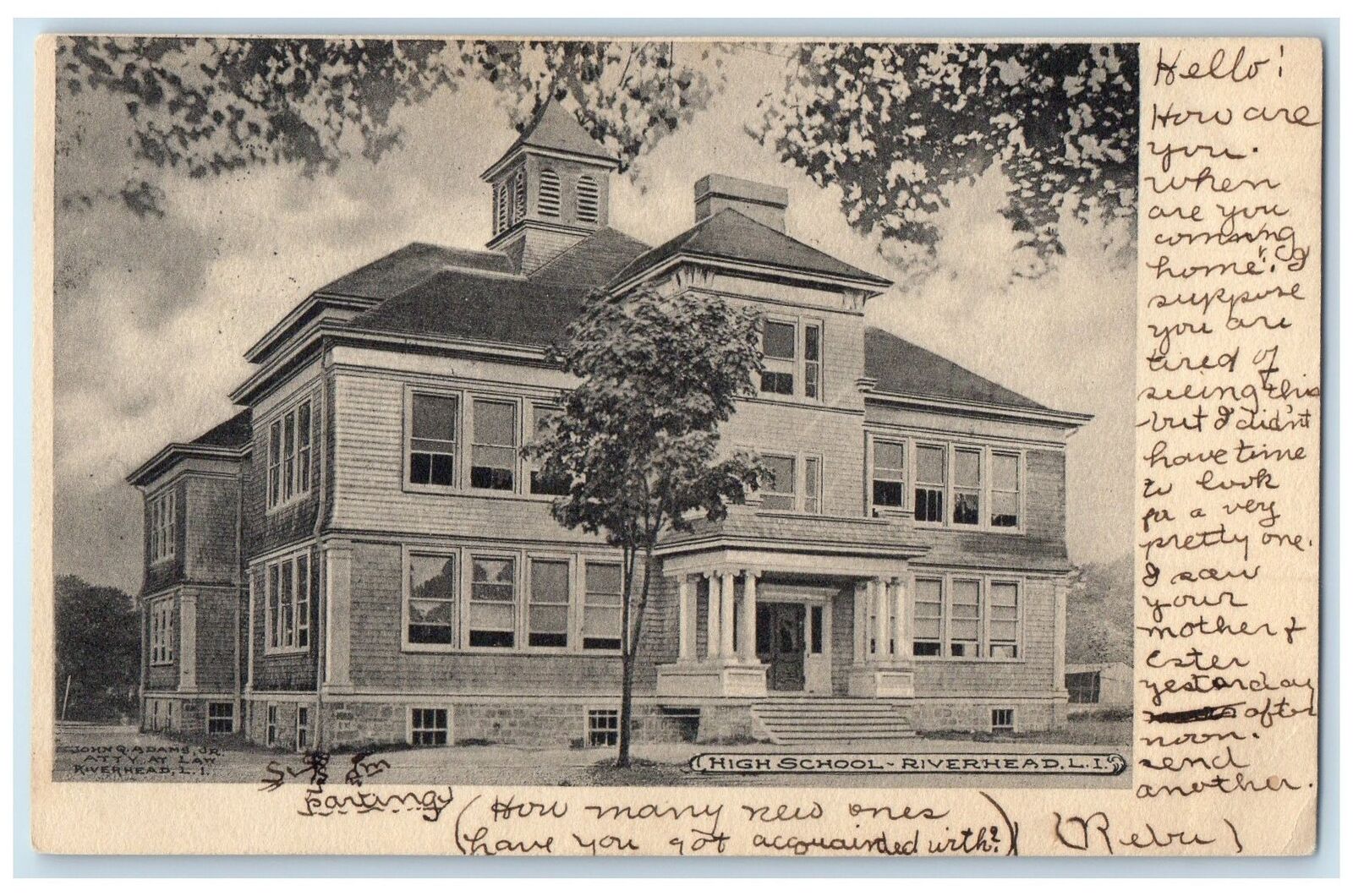 1905 High School Building Exterior Riverhead Long Island New York Trees Postcard