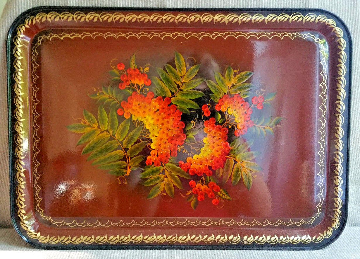 Vintage Zhostovo TIN TRAY RUSSIAN USSR LACQUER HANDPAINTED Rowan Berry Bunch