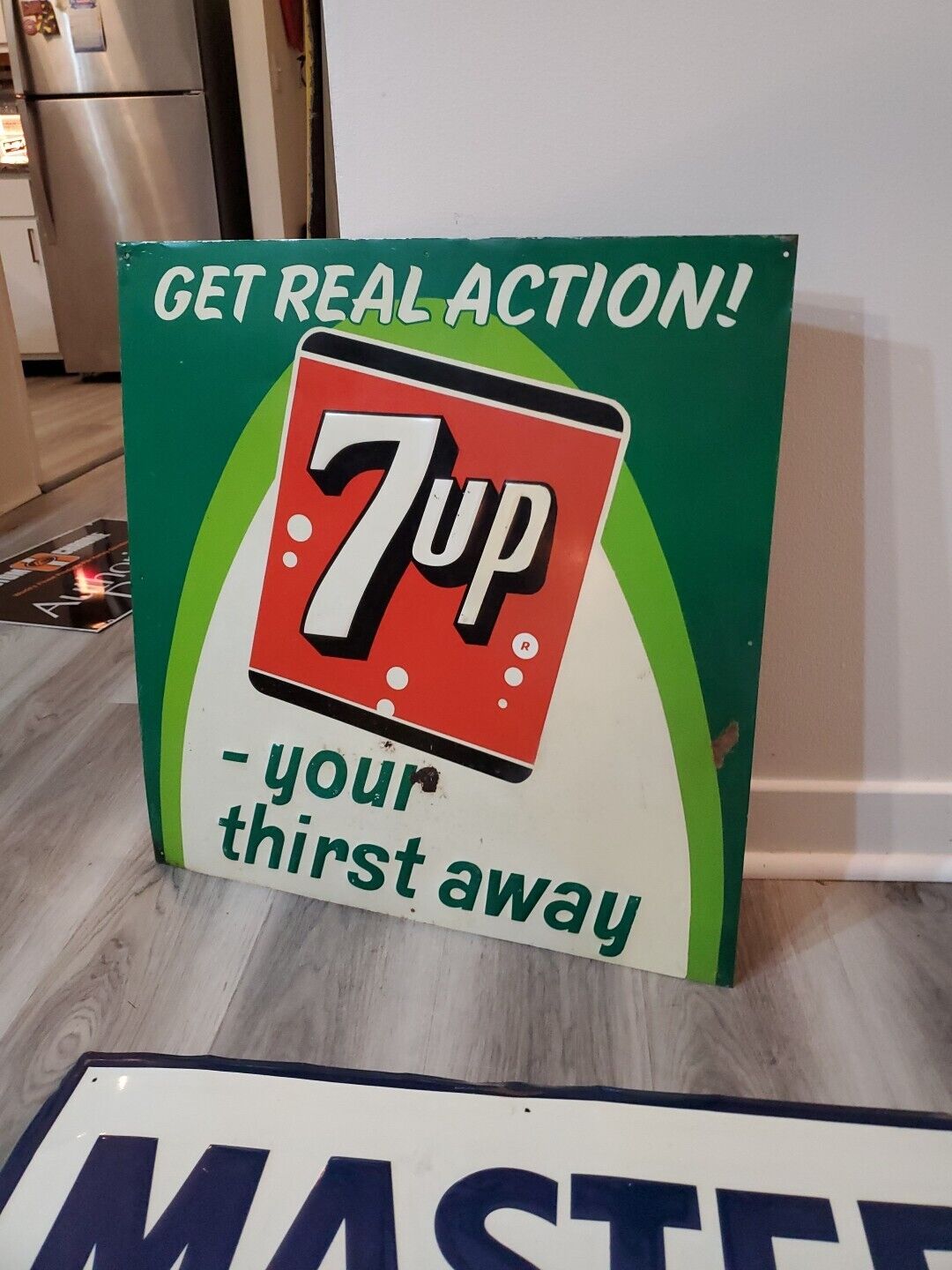c.1950s Original Vintage  7up Your Thirst Away Sign Metal Embossed Real Action 
