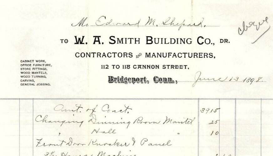 1898 BRIDGEPORT CT W.A. SMITH BUILDING CO CONTRACTORS MFG BILLHEAD RECEIPT Z4087