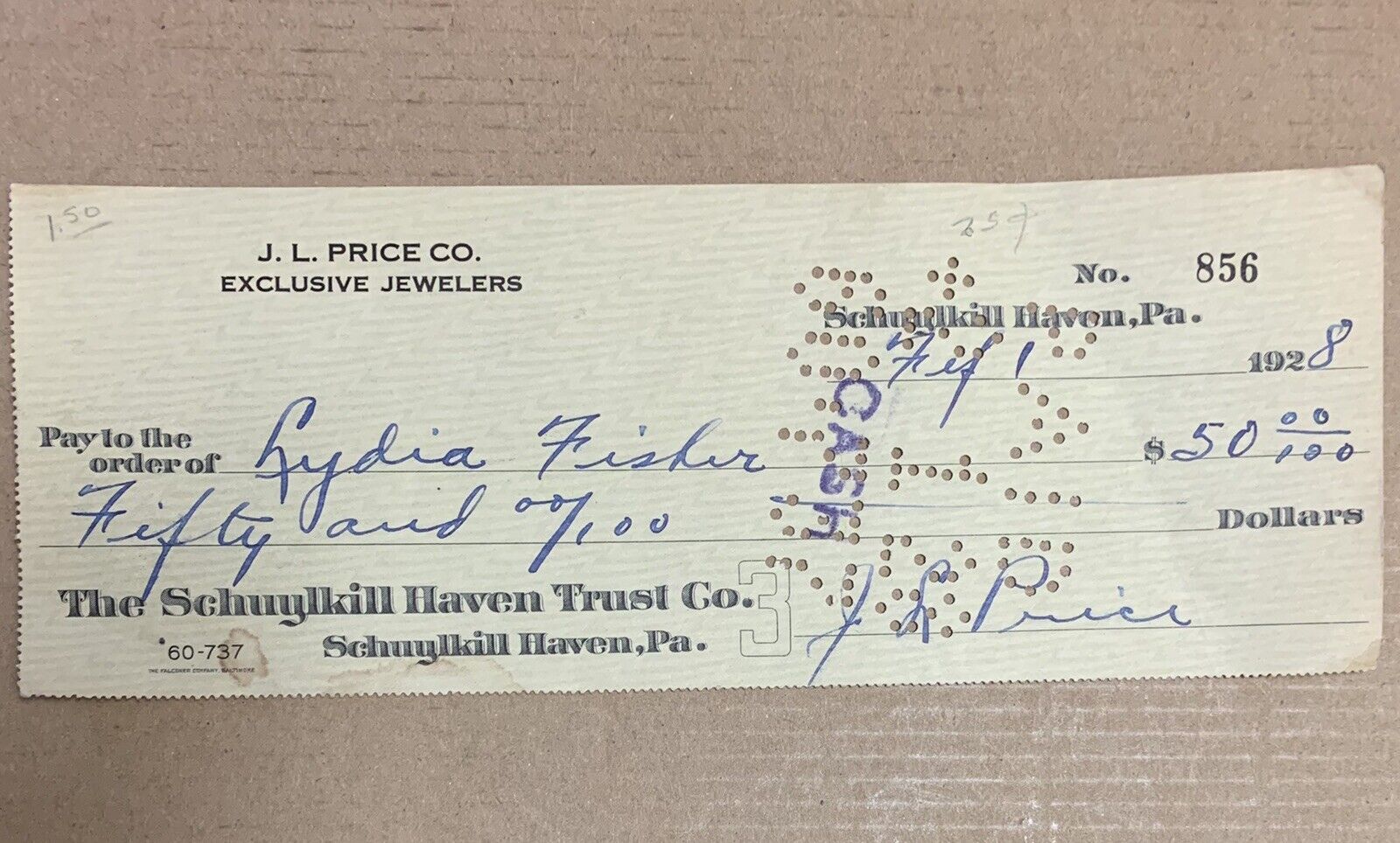 Cancelled Check #856 Lydia Fisher 1928 JL Price Co Jewelers Schuylkill PA $50