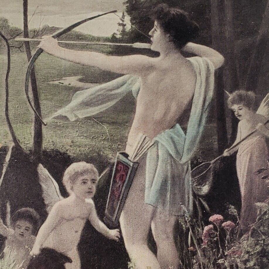 Cupids With Female Archer Woman Postcard c1908 Vintage Archery Art Painting E556