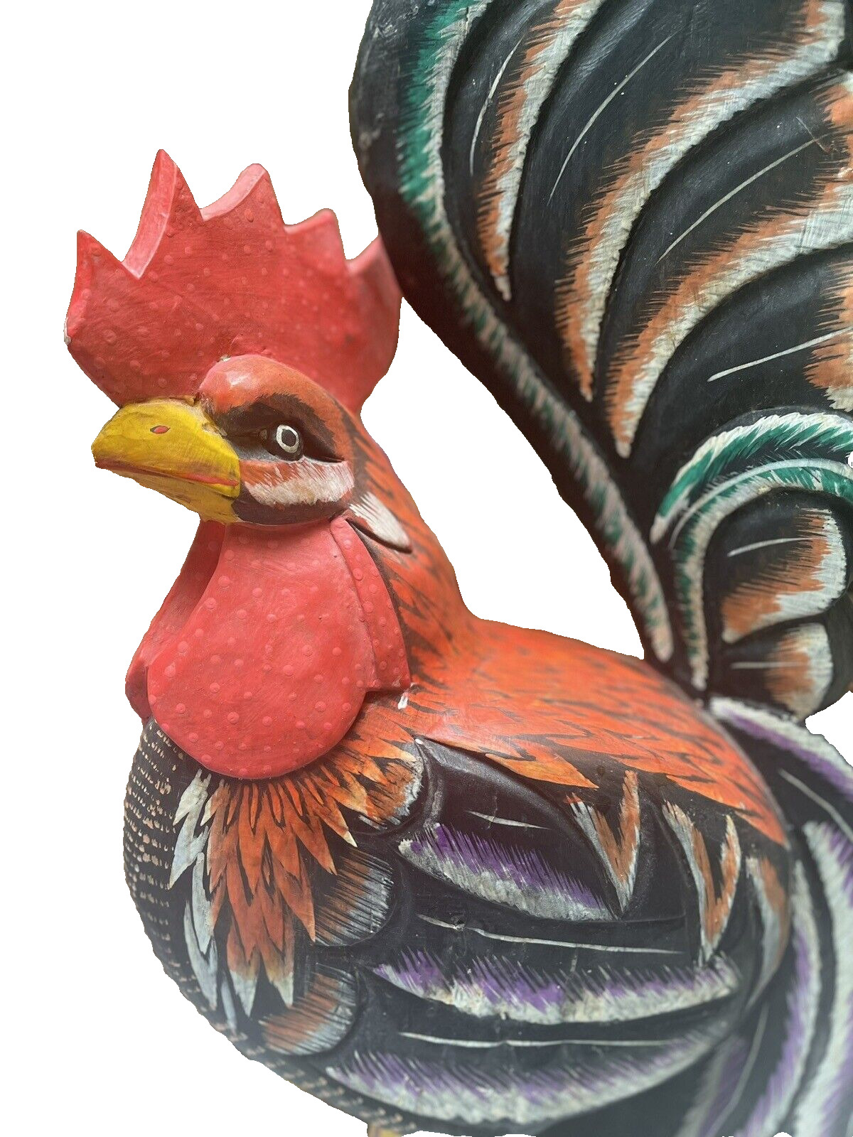 Hand Carved Hand Painted Decorative Wooded Rooster Sculpture Figure Large 24-in