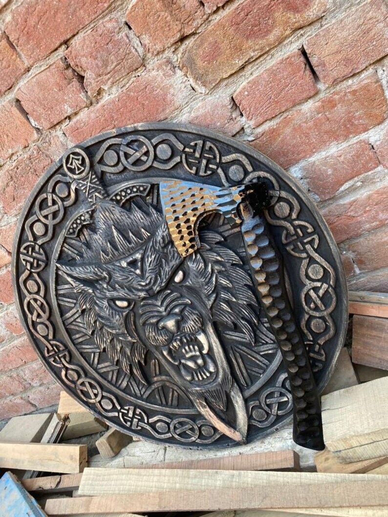 Custom handmade beautiful egreaved lion shaped Wooden Shield , with axe