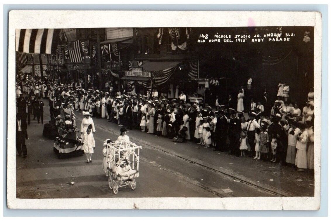 1915 Old Home Day Baby Parade Stroller Crowd Float Amboy NJ RPPC Photo Postcard