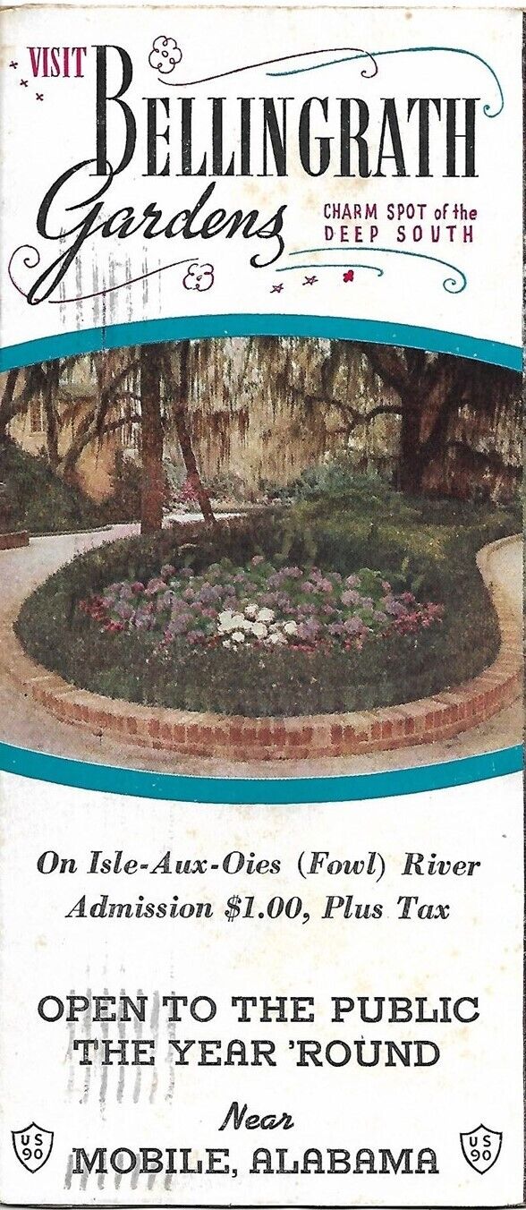 Vintage 1940 BELLINGRATH GARDENS Color Photo Brochure Road Map Mobile Alabama