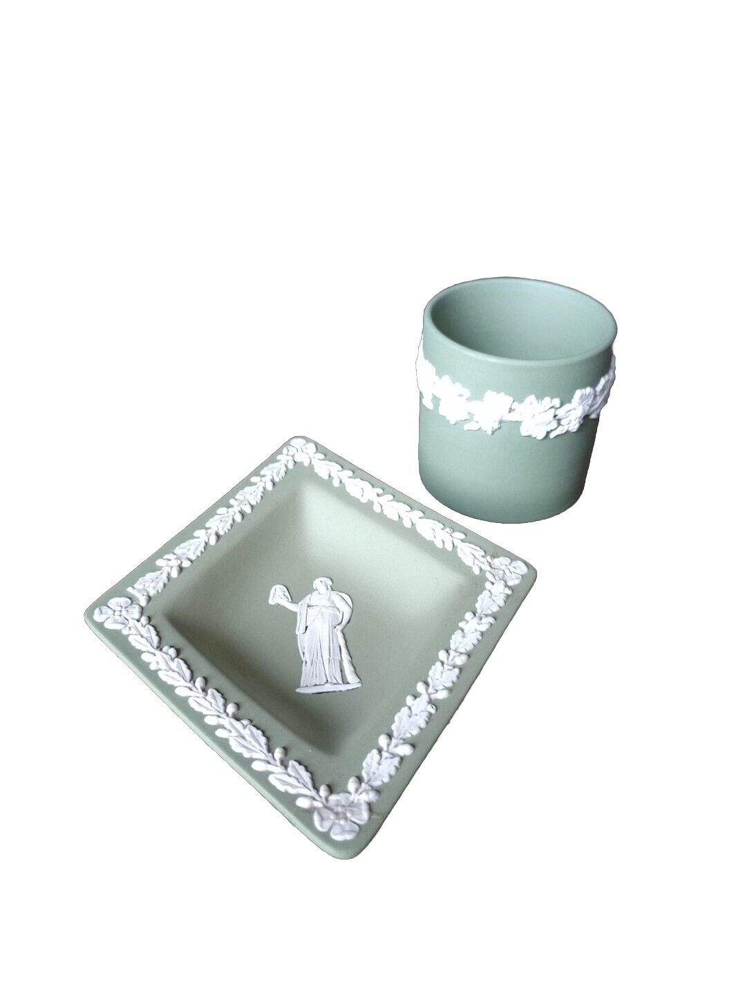 Vtg Wedgewood Green Jasperware Rare Diamond Shape Trinket and Cup