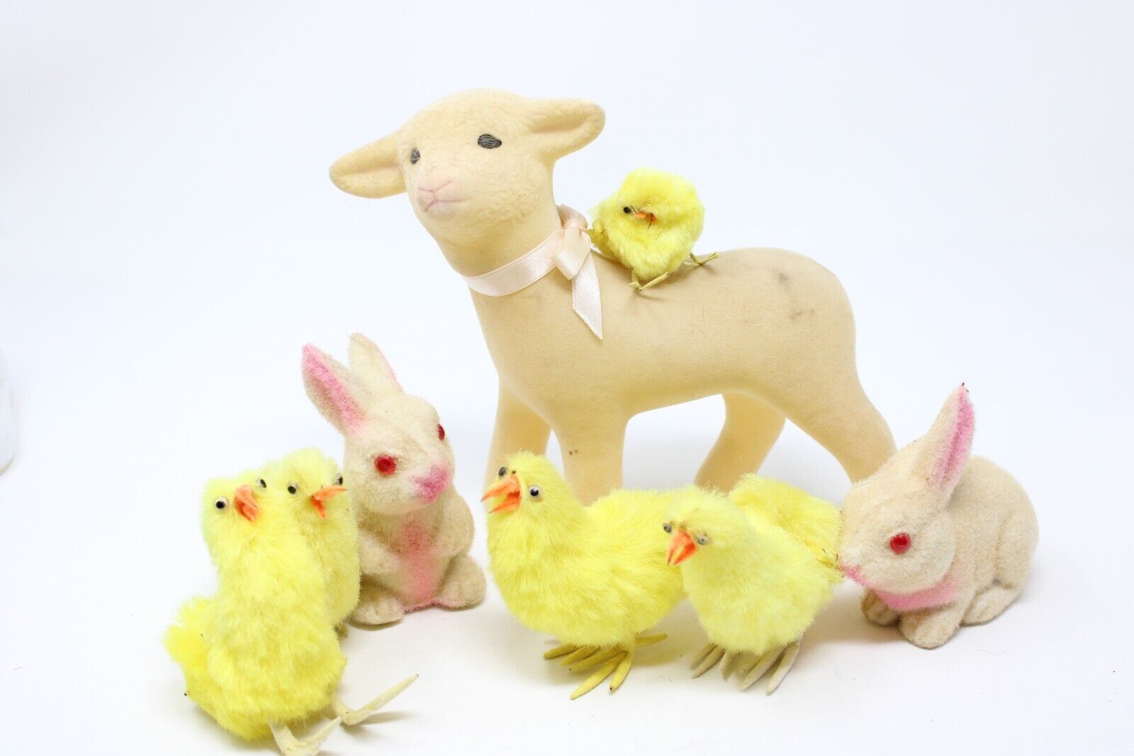 Vintage Fuzzy  Flocked Easter Animals Bunnies Lam Chickens Lot 8 Hong Kong