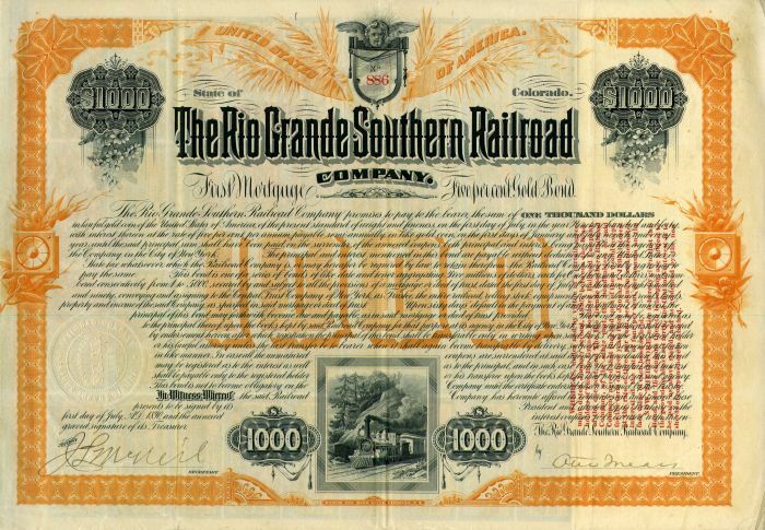 Rio Grande Southern Railroad Co. $1000 Bond - Railroad Bonds