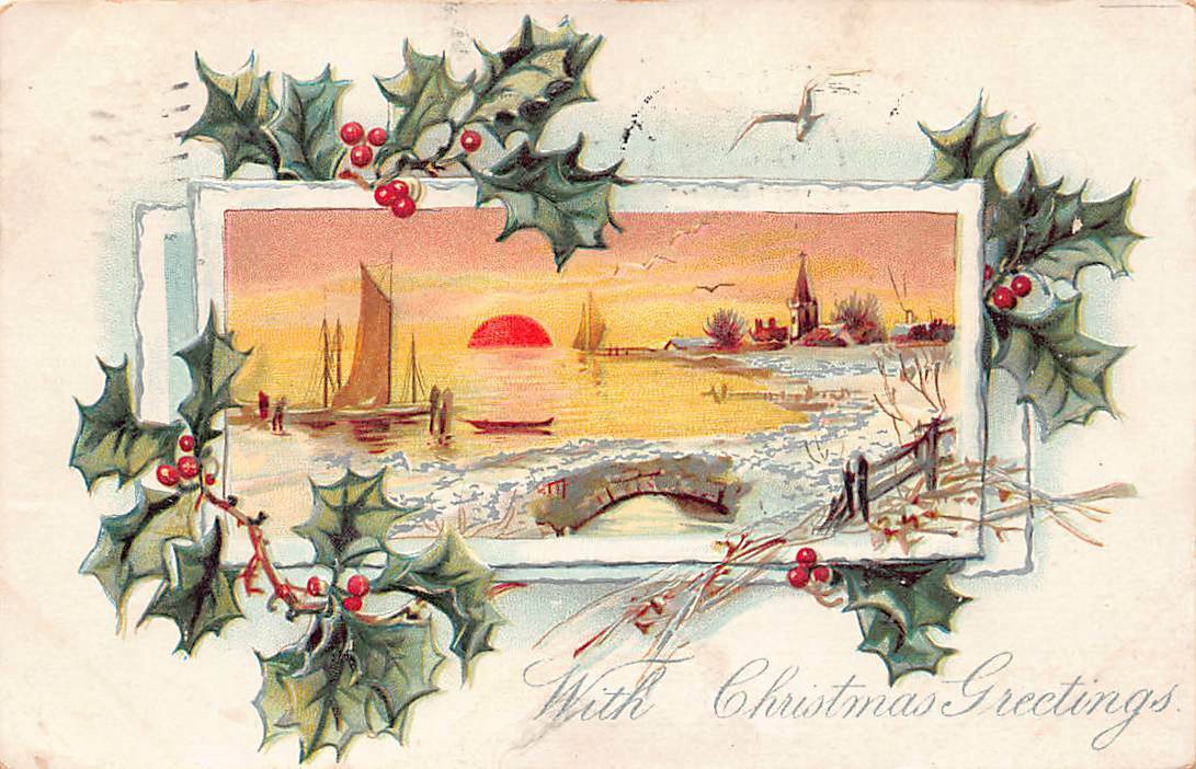 Tucks Antique Christmas Postcard Series No. 100 Embossed Sunrise Sailboat Bridge