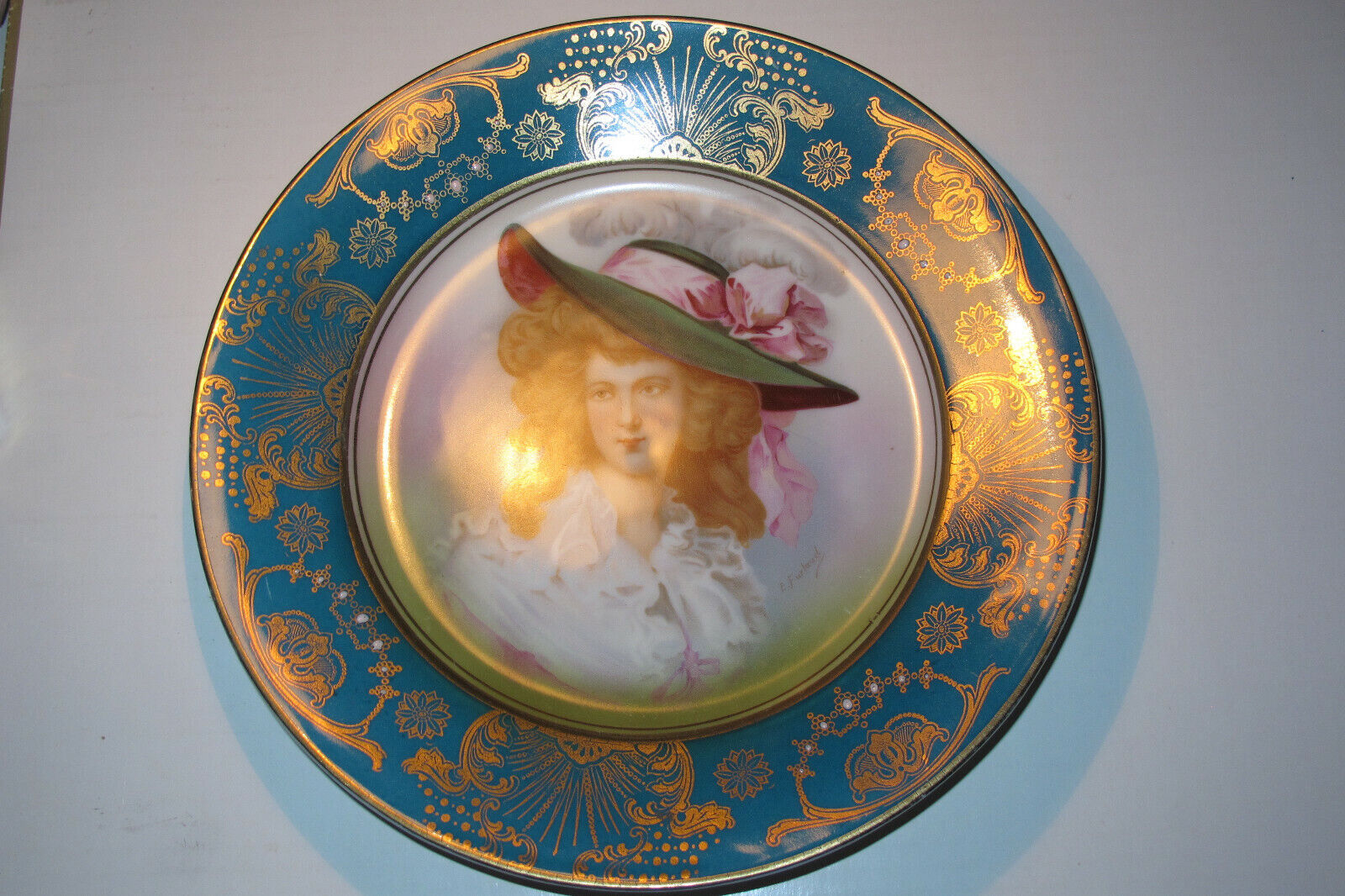 STUNNING Plate Beautiful Portrait Signed E. Furlaud HandPainted, Transfer 19thc