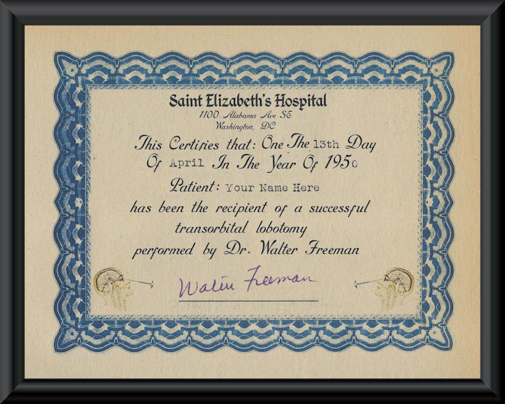 Personalized Transorbital Lobotomy Certificate Printed on 1950s Paper *101
