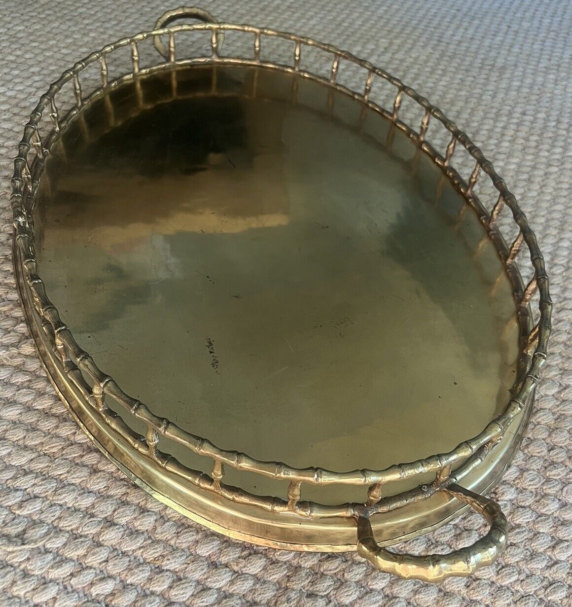 Vtg Brass Faux Bamboo Oval Serving Vanity Tray with Rails Hollywood Regency 23”