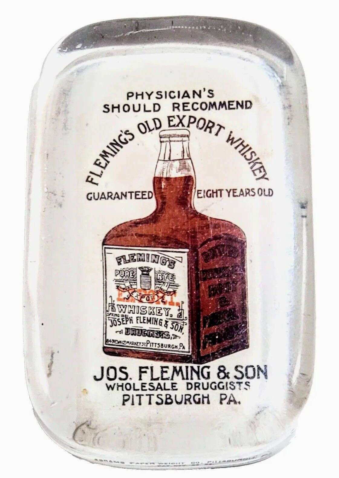 Antique Pre Prohibition Jos Fleming\'s Pittsburg Old Export Whiskey Paperweight