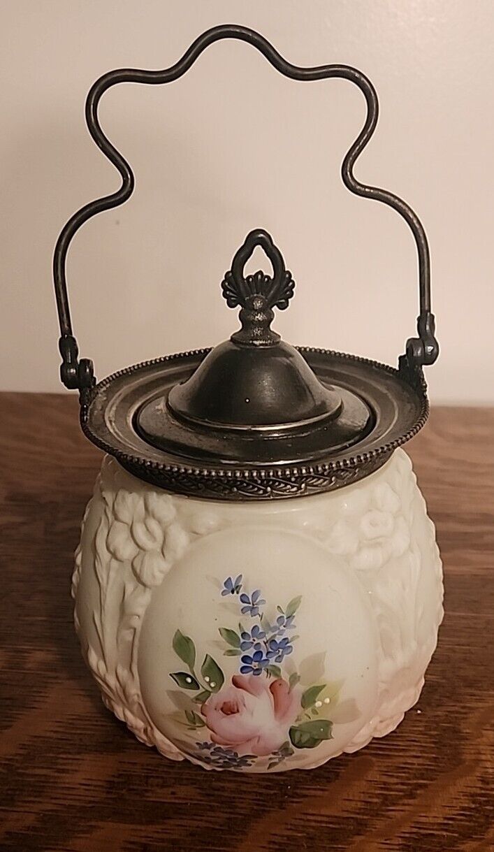 Antique Hand Painted Floral Milk Glass Embossed Cracker Biscuit Jar