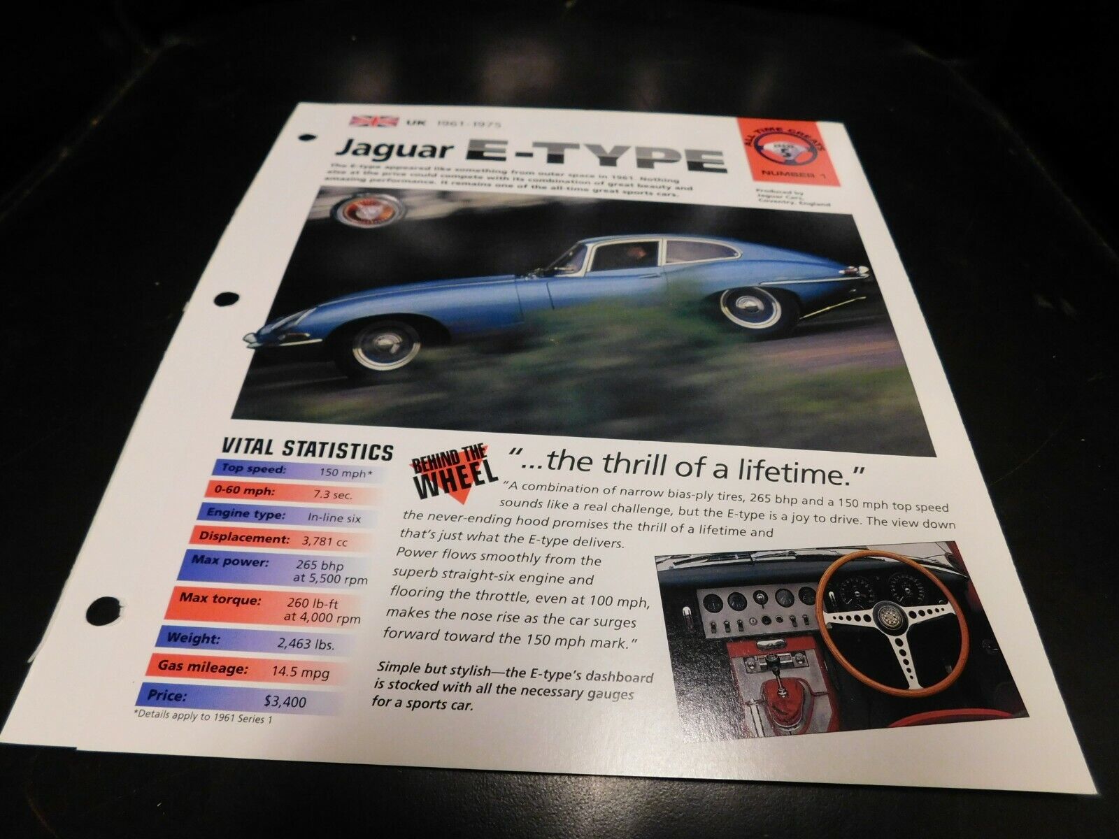 1961-1975 Jaguar E-Type Spec Sheet Brochure Photo Poster 62 63 64 65 66 74 73 72