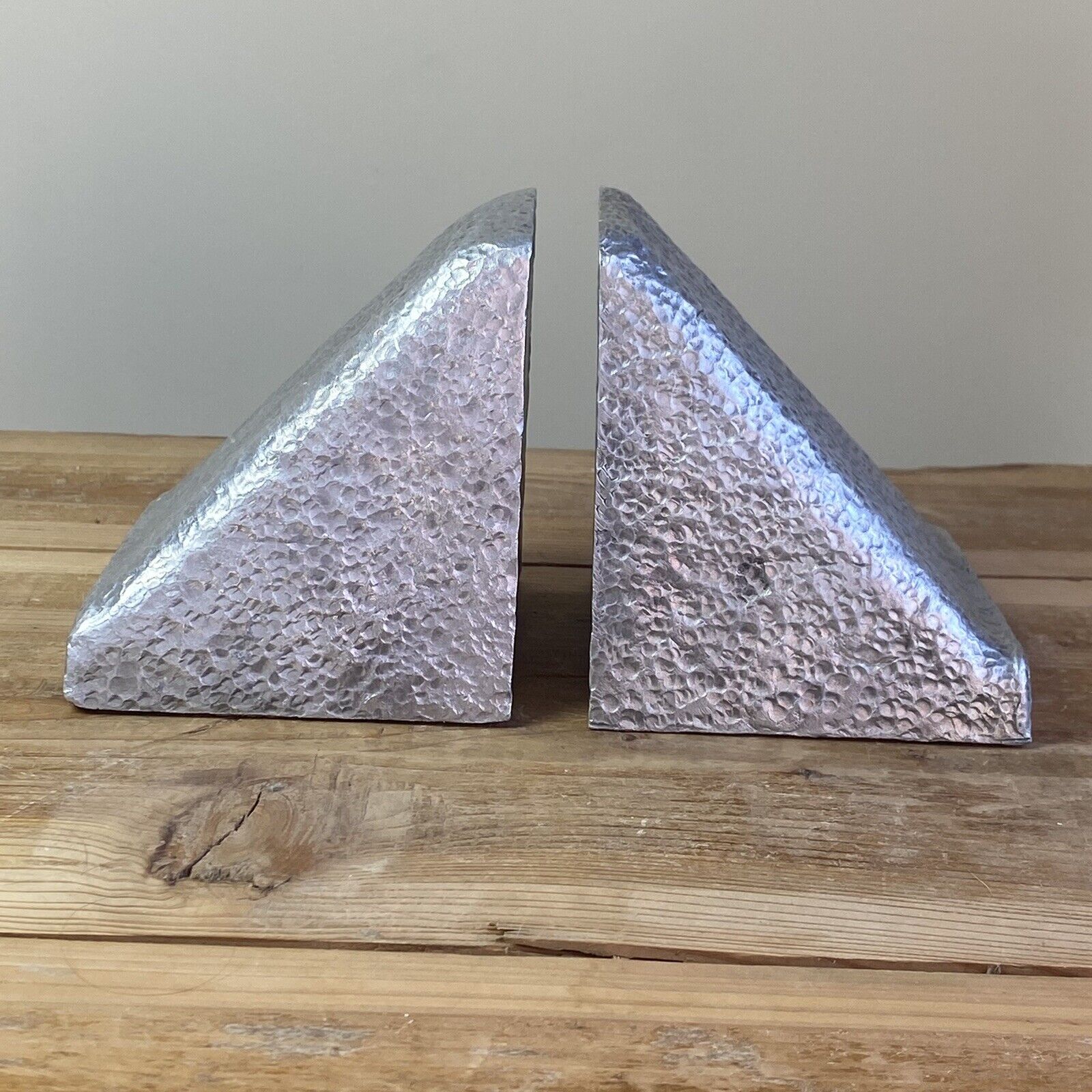MCM Vintage Retro Cast Aluminum Solid Metal Bookends Hammered Texture Silver