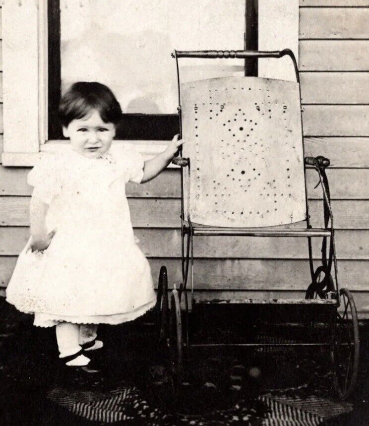 c1908 RPPC Child Poses w/ Classic Stroller Real Photo ANTIQUE Postcard