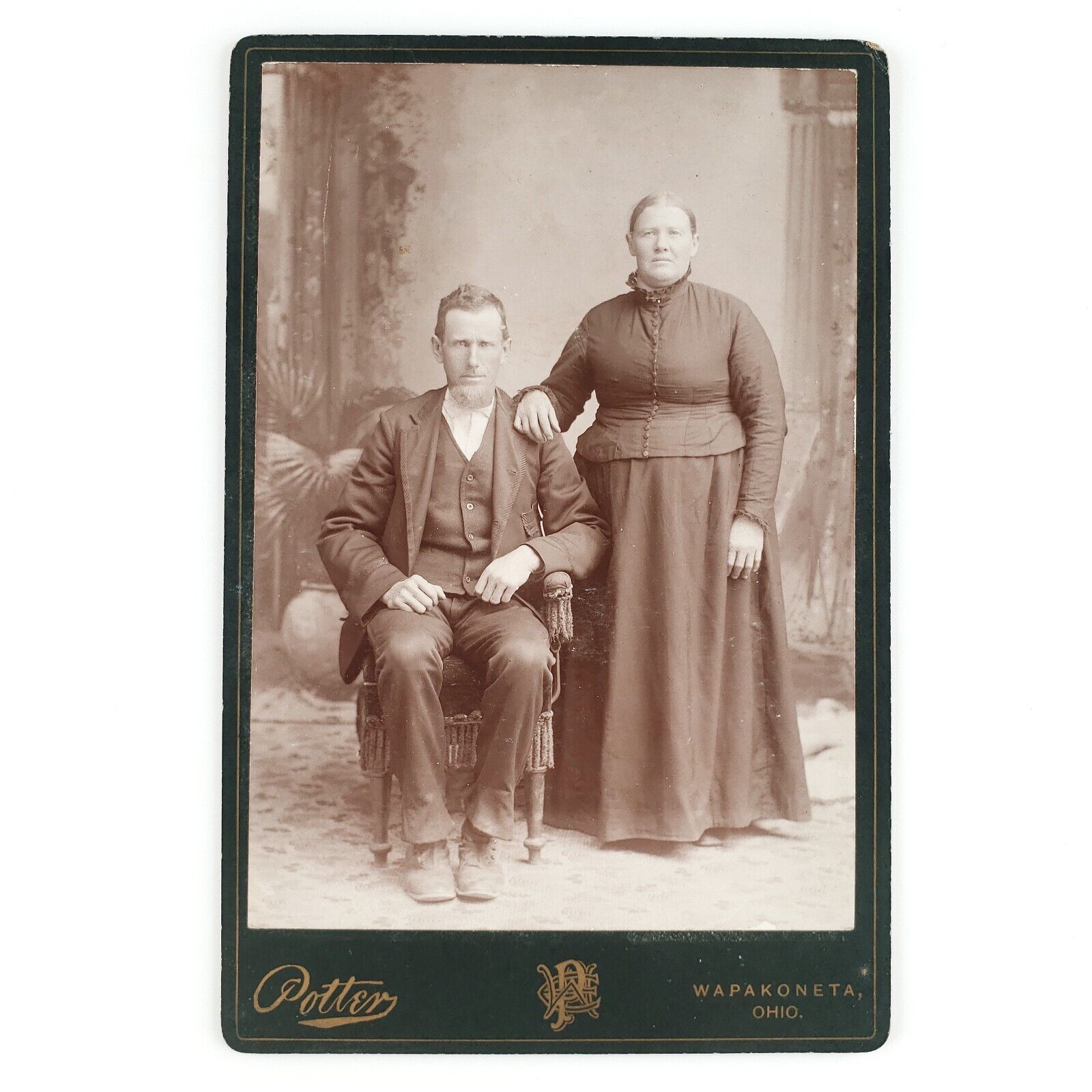 Wapakoneta Ohio Couple Cabinet Card c1890 Posing Chair Man Woman Potter B3227