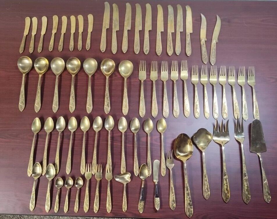 66 PCs Vintage Crown Jewelry Co Ltd Brass Cutlery Set Beautiful Read Description