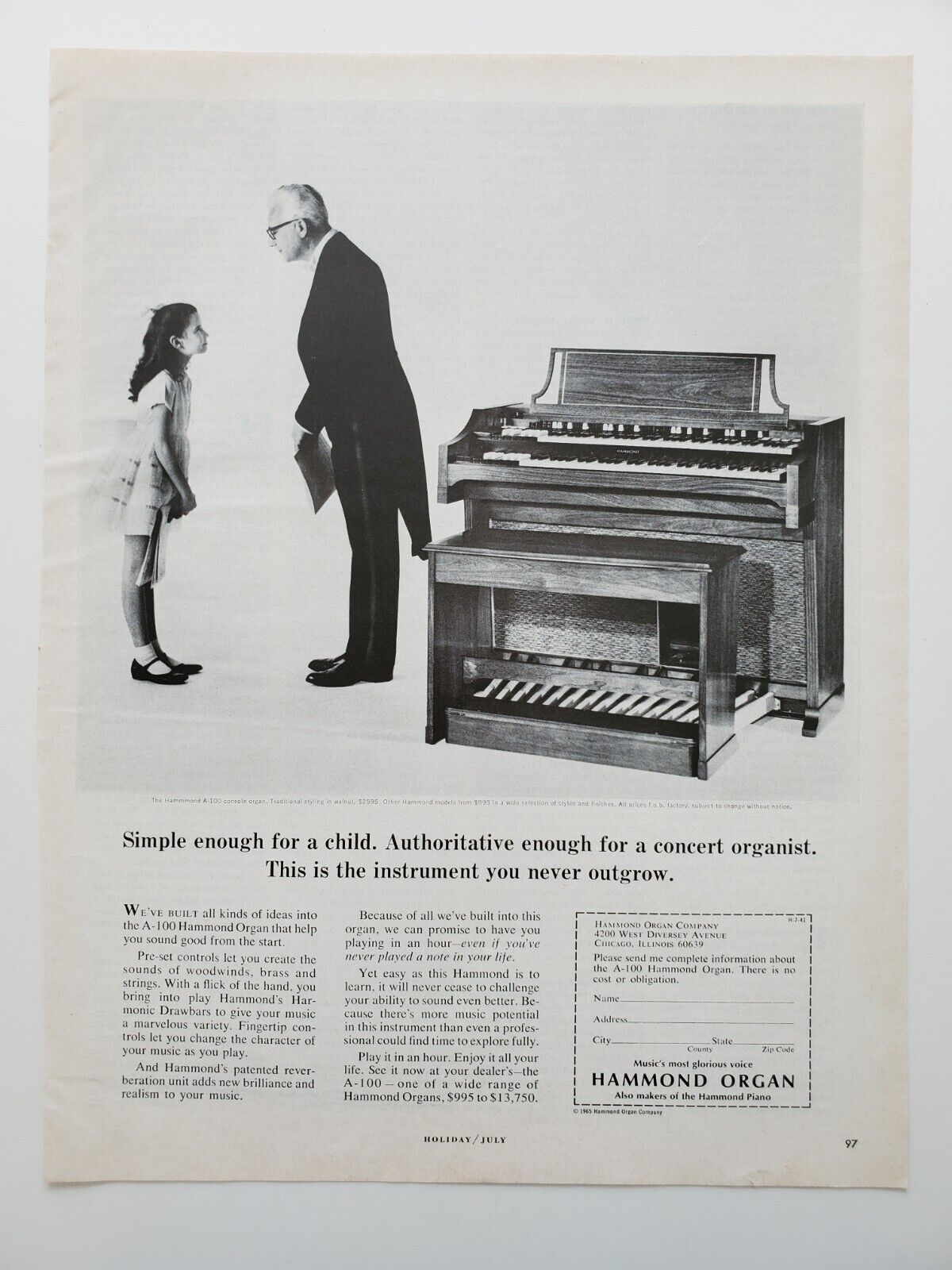Hammond A-100 Console Organ Concert Master Little Girl 1965 Vintage Print Ad 