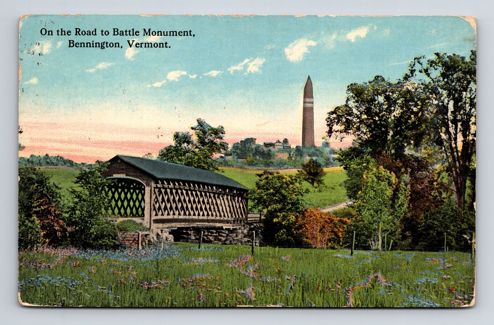 1913 Battle Monument Obelisk Covered Bridge Bennington VT PHOTOCHROM Postcard