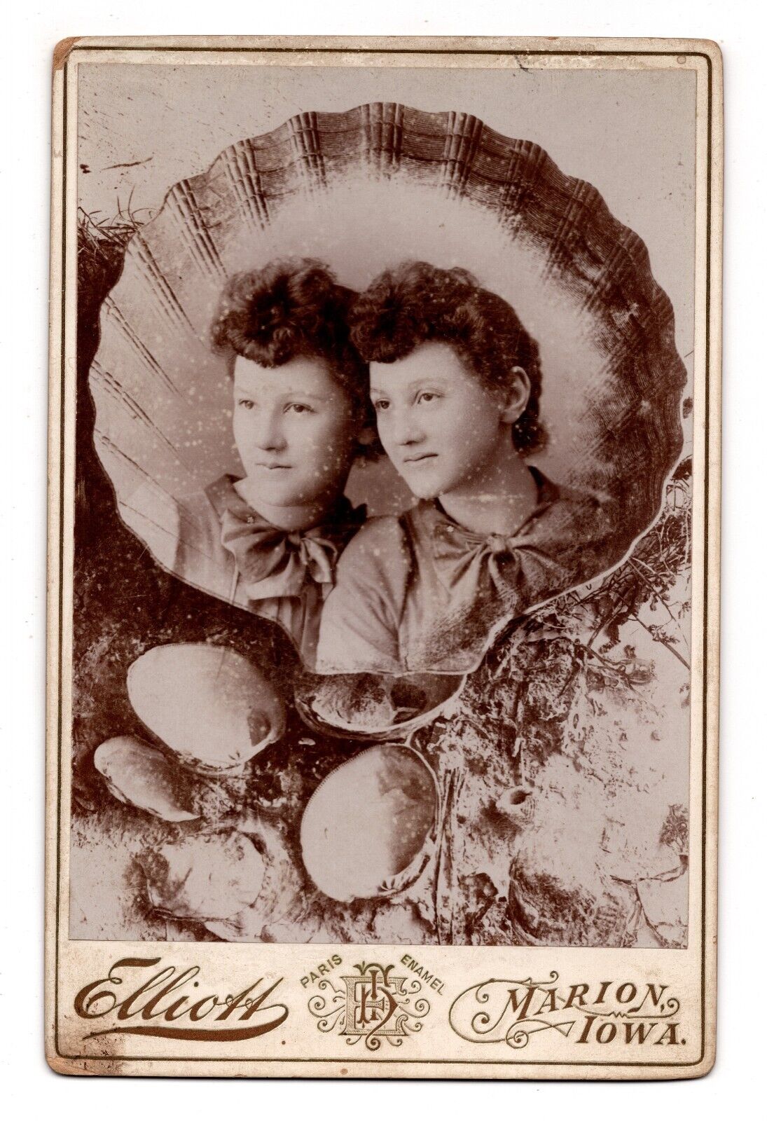 C. 1890s CABINET CARD ELLIOTT GORGEOUS YOUNG LADIES CLAMSHELL DESIGN MARION IOWA