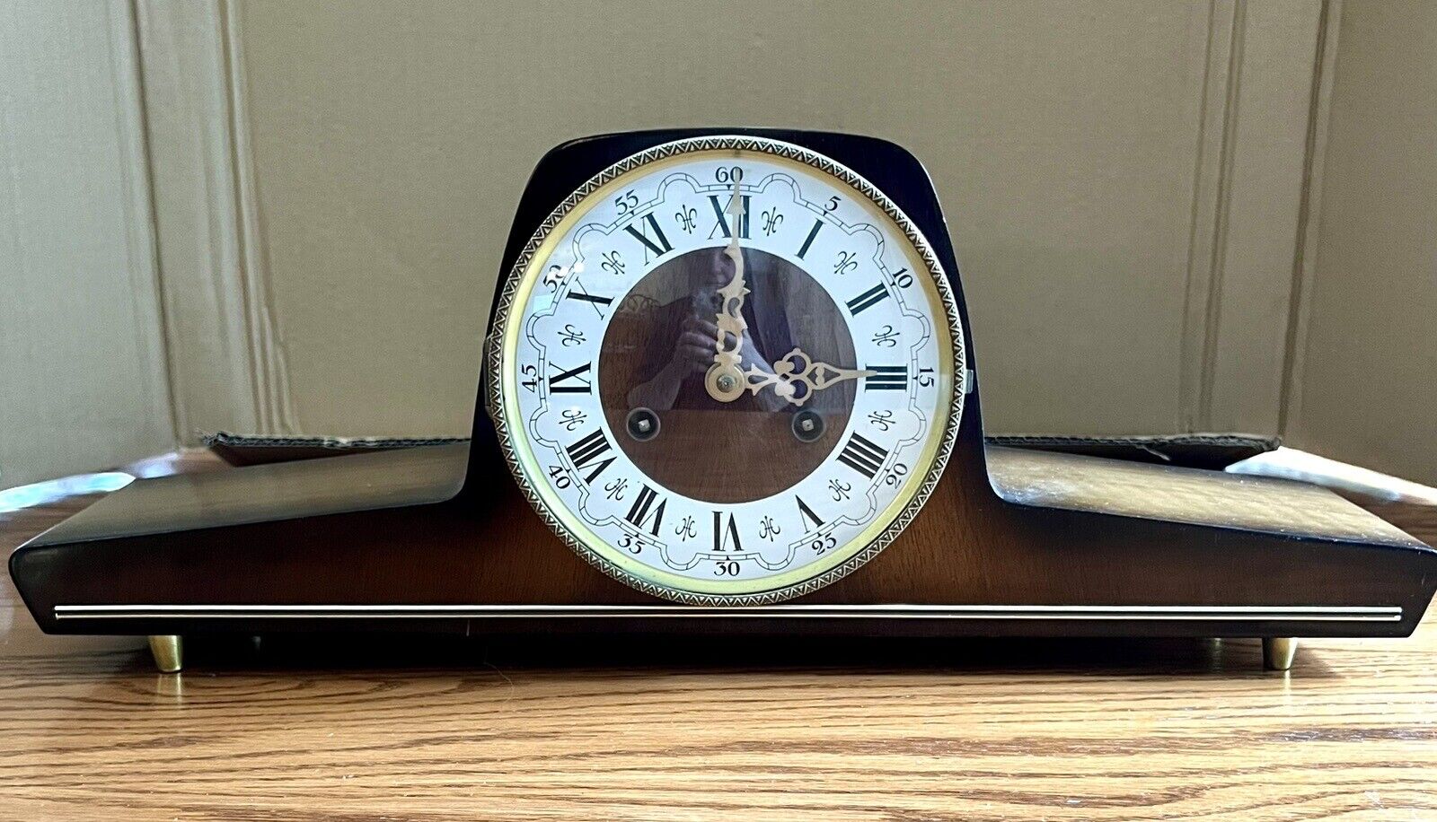 MCM Franz Hermle Wooden German Windup Mantle Buffet Table Clock 4/refurb SEE Vid