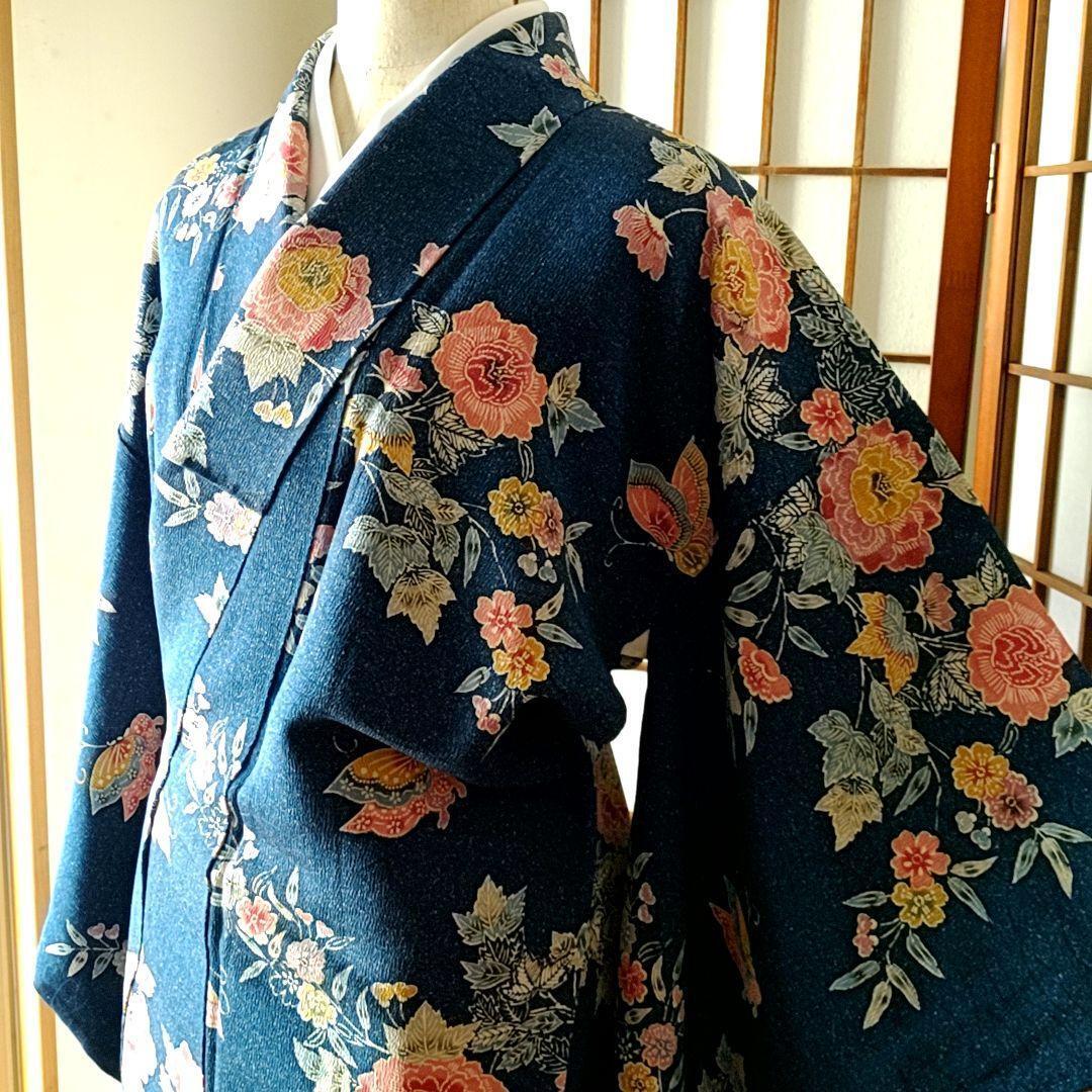 Japanese Crepe Kimono Pattern-Dyed Small Pattern Bingata Indigo Flower 