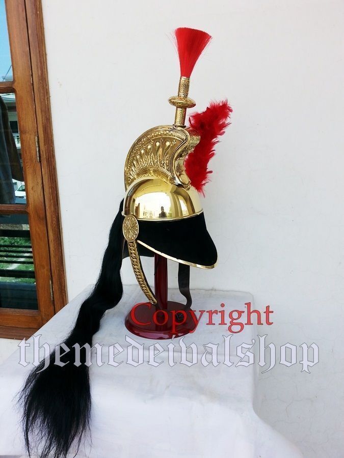 French NAPOLEON Helmet Cuirassier Officer\'s Style Nautical Brass On Wooden Stand