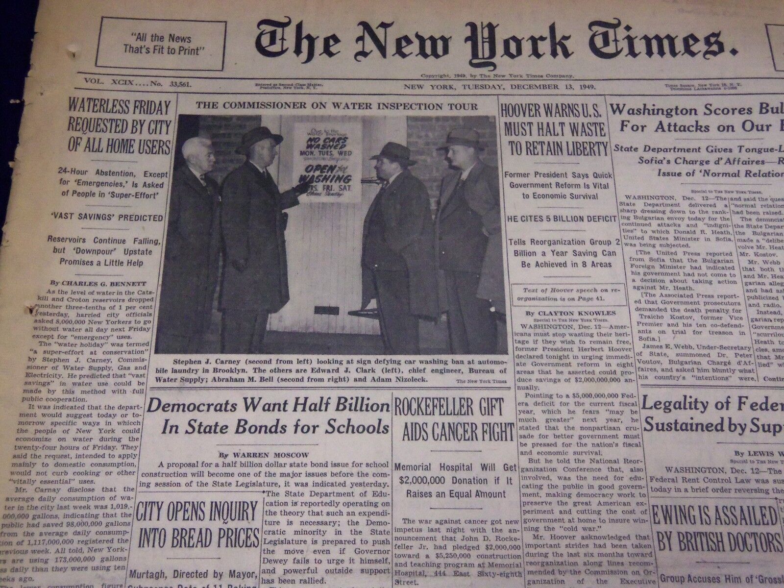 1949 DECEMBER 13 NEW YORK TIMES - ROCKEFELLER GIFT AIDS CANCER - NT 3000