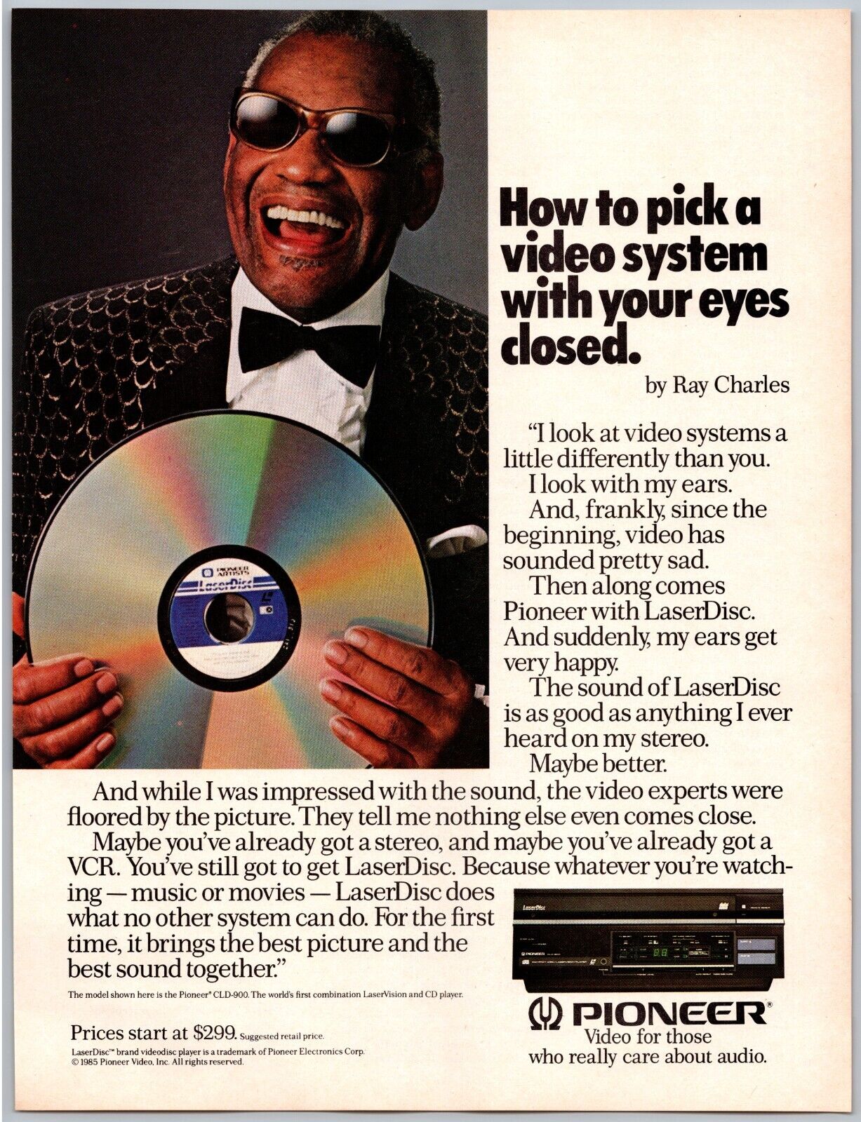 Ray Charles Pioneer Laser Disc Video System Vintage Jan, 1986 Full Page Print Ad