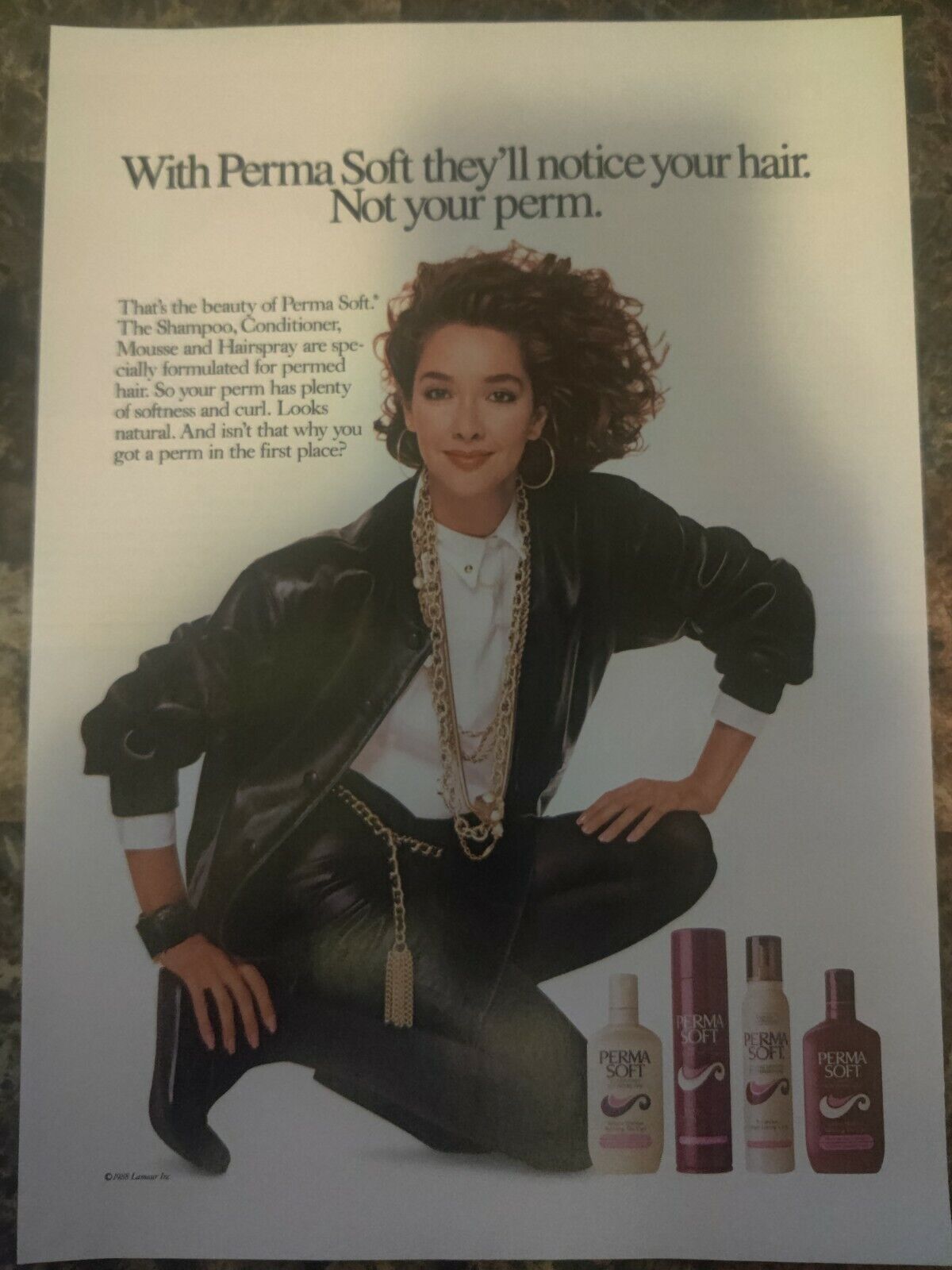 Perma Soft Shampoo Ad 1988 Woman Leather Skirt Jacket Vintage Magazine Print