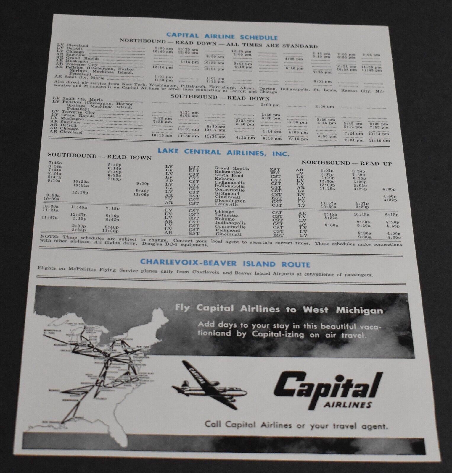 1951 Print Ad Michigan Charlevoix Beaver Island Route Capital Airlines Fly art