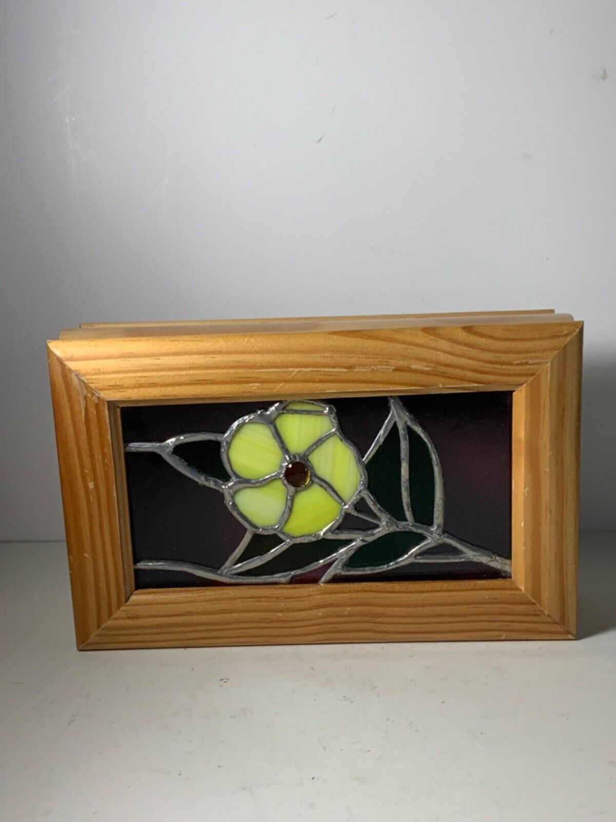 Vintage Clarity Oak Box with Yellow Glass Flower & Red Velvet Interior 9.5 in.