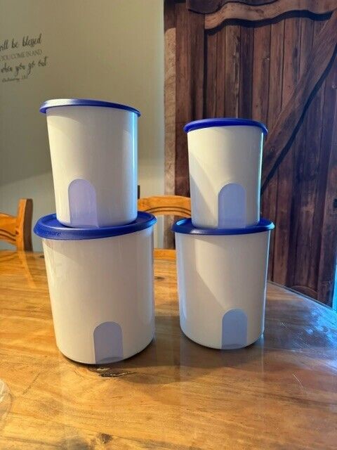 TUPPERWARE SET OF 4 ONE TOUCH CANISTER SET ~ WHITE W/BLUE LIDS