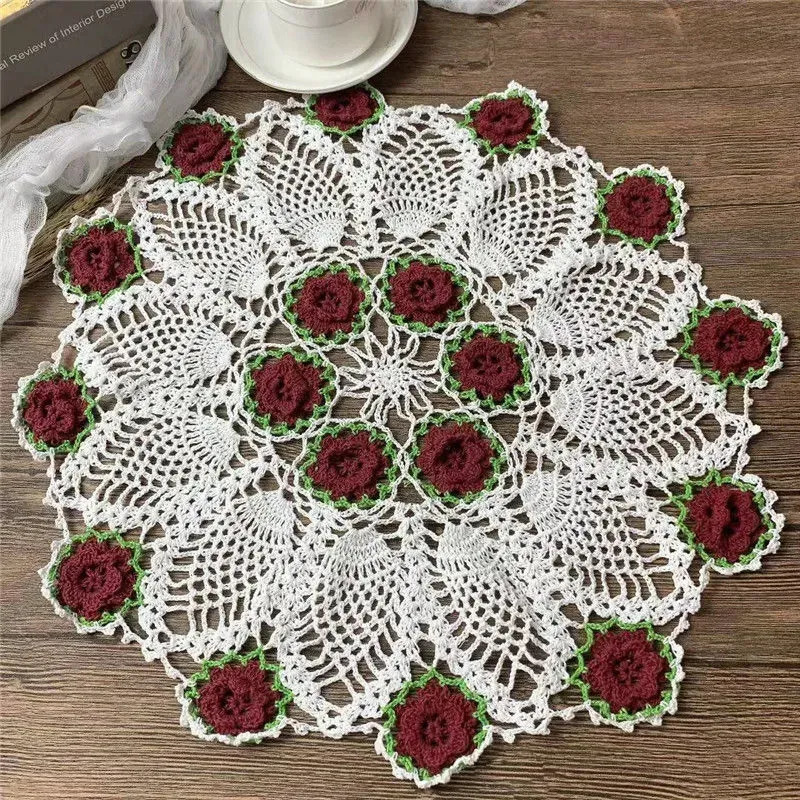 1PC Handmade Crochet Lace Tablecloth Retro Hollow Weave Doily Round Art Placemat