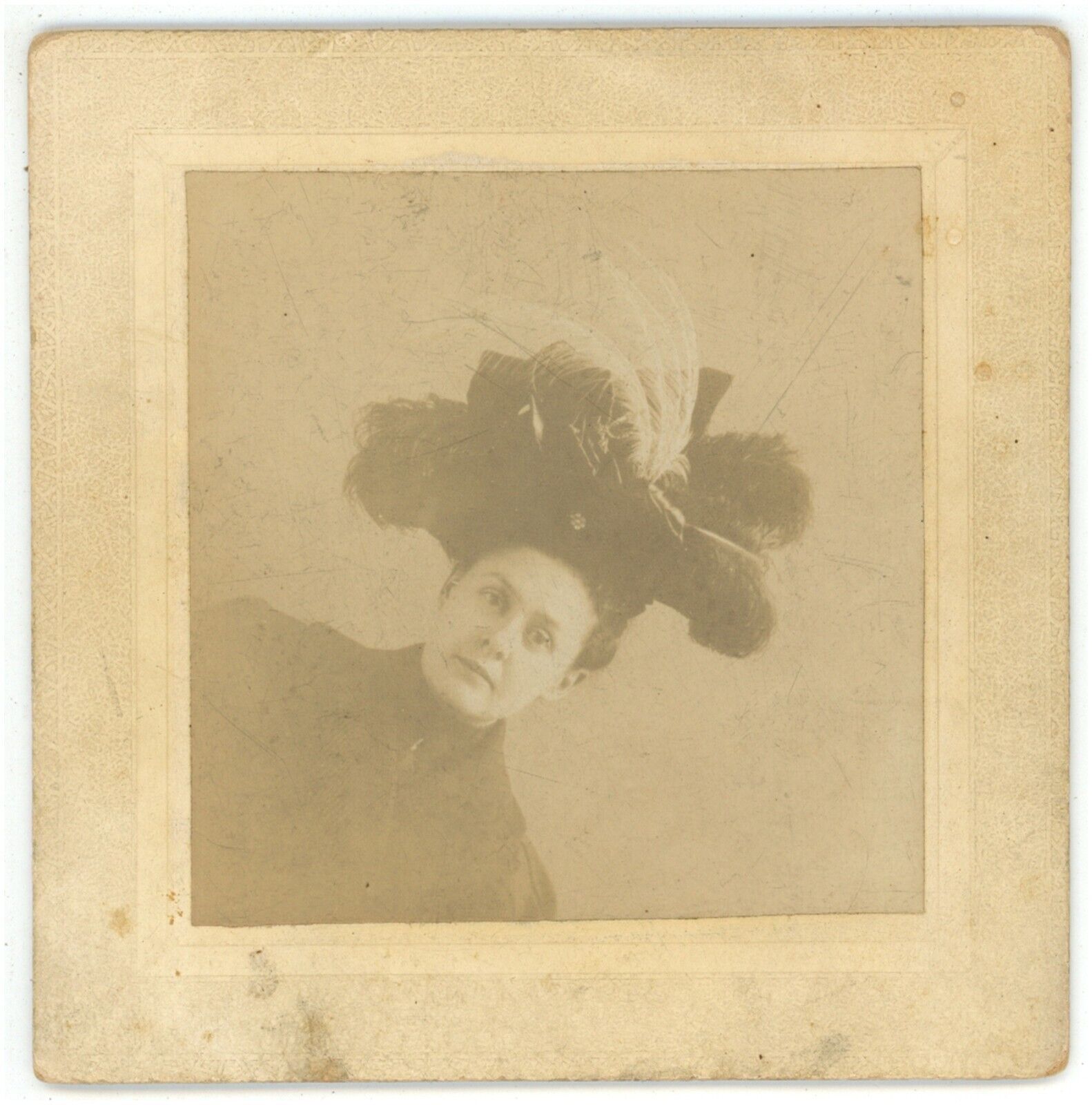 Antique Circa 1880s Diamond 3.75X3.75 in Cabinet Card Woman Wearing Stunning Hat