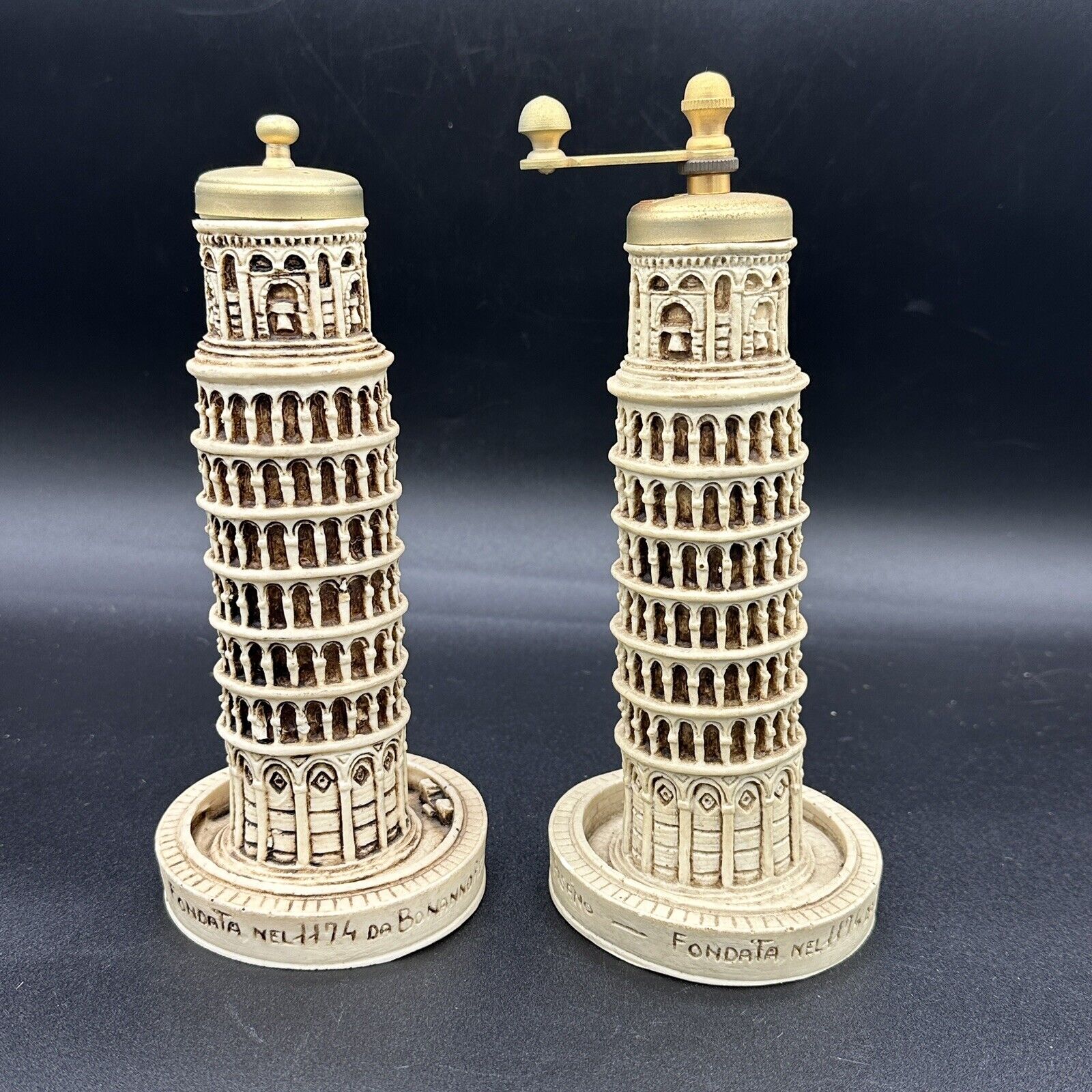 Vintage Italian Leaning Tower of Pisa Gold Salt Shaker & Pepper Mill Grinder