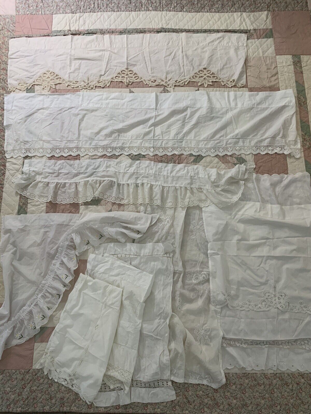 Vintage White & Beige Shabby Chic Curtain Lot 10 Pieces