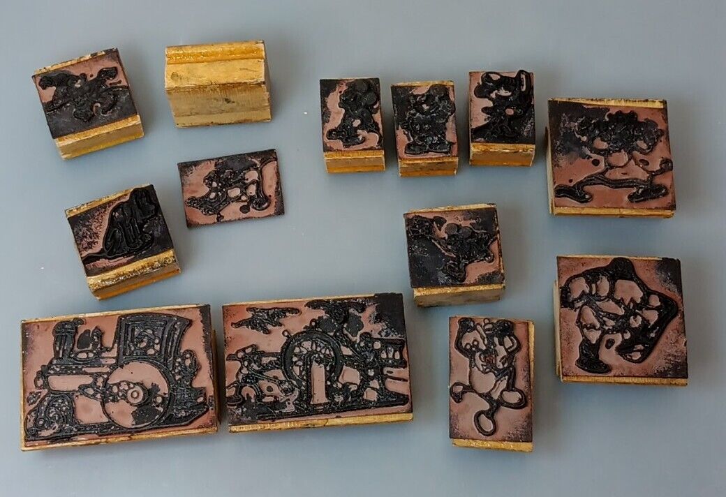12 Vtg Disney Wood Backed rubber stamps Mickey,Minnie, Goofy, Pluto, Donald Ect.