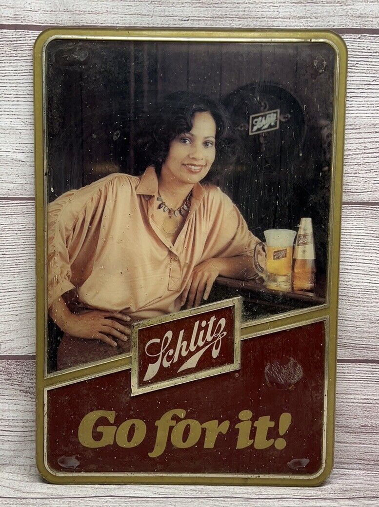 Vintage 70’s SCHLITZ African American Plastic Beer Sign Bar Advertising Go 4 It