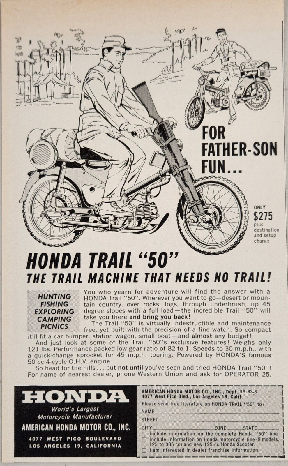 1962 Print Ad Honda Trail 50 Motorcycles Hunter & Son Los Angeles,California