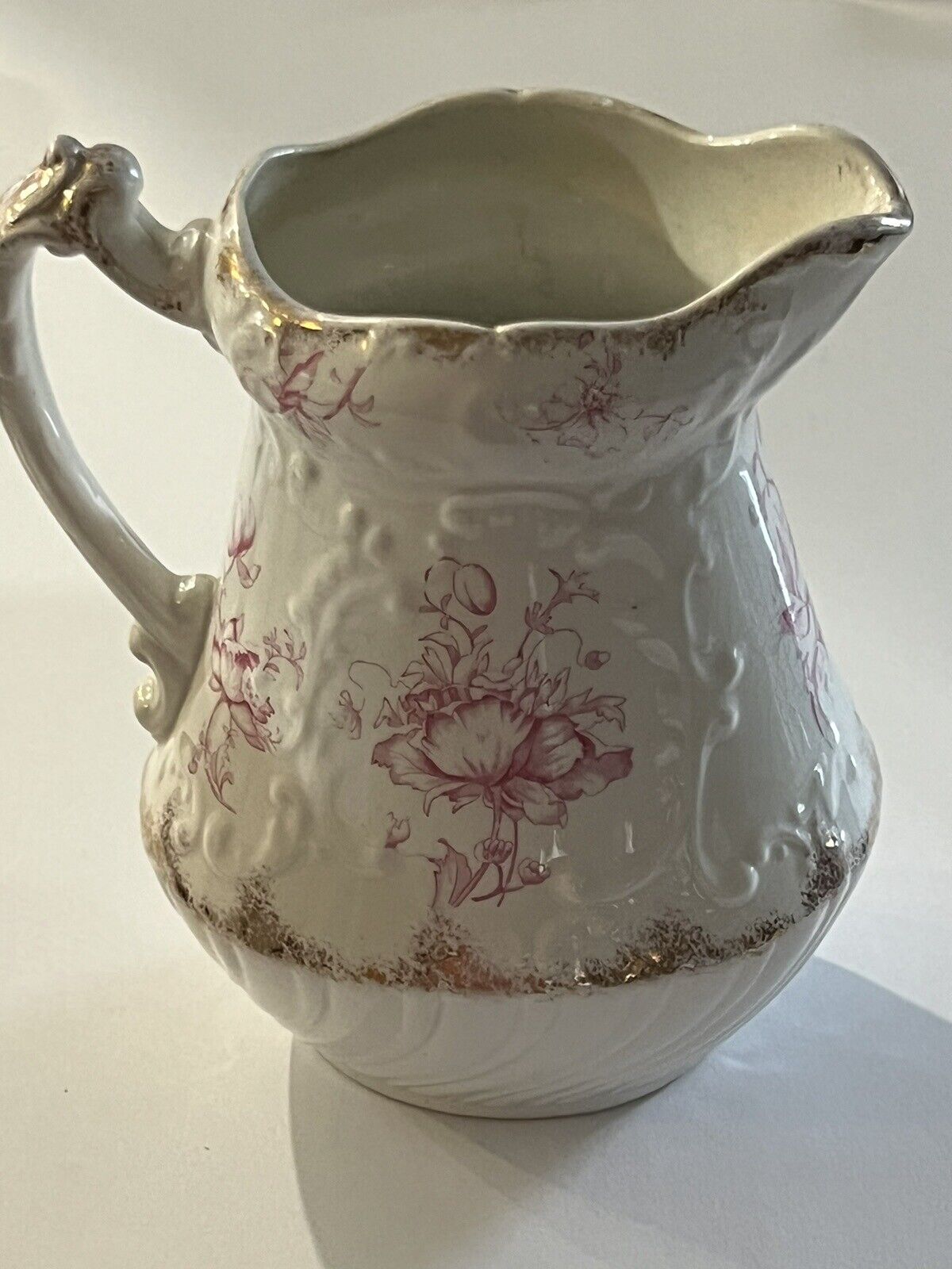 Antique WH Grindley & Co England Semi Porcel.Pink Floral Pitcher w/ Gold. Rare.