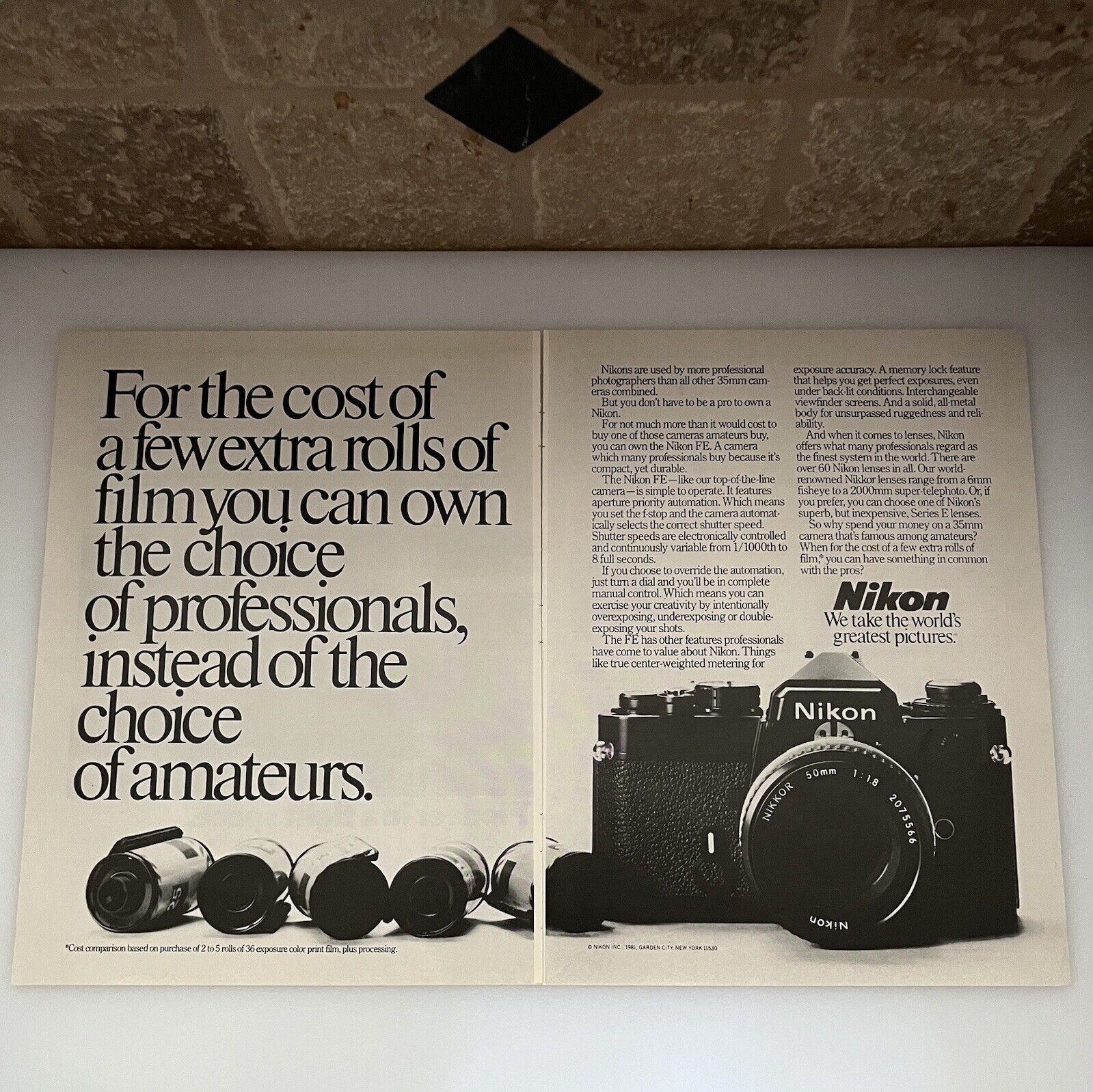 1981 Nikon FE SLR 35mm Camera Print Ad Vintage Original Vintage 2 Page Film Roll