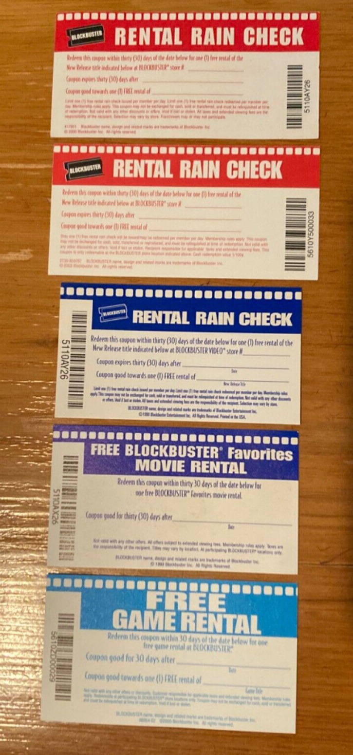 5 DIFFERENT VINTAGE BLOCKBUSTER VIDEO MOVIE RENTAL RAIN CHECK COUPONS No Value