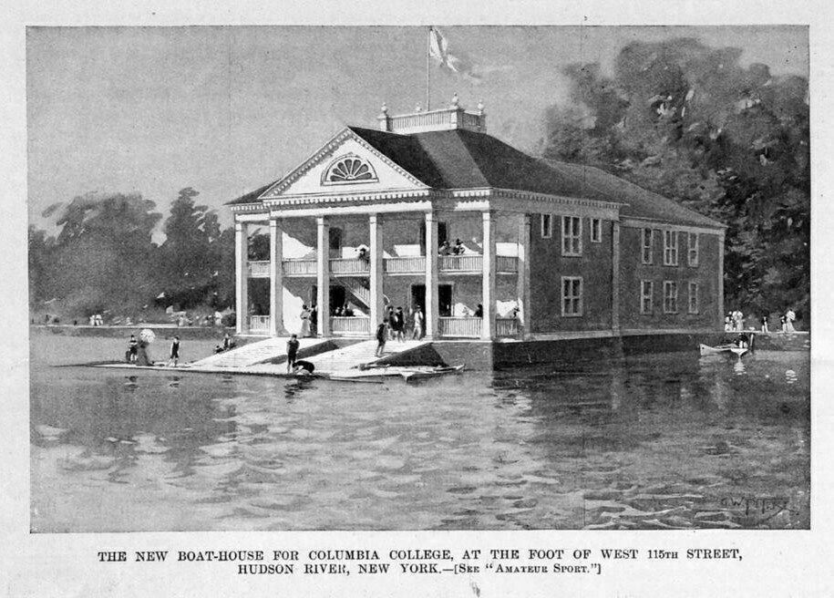 COLUMBIA COLLEGE BOAT HOUSE HUDSON RIVER AQUATIC 1895 ANTIQUE ROWING NEW YORK