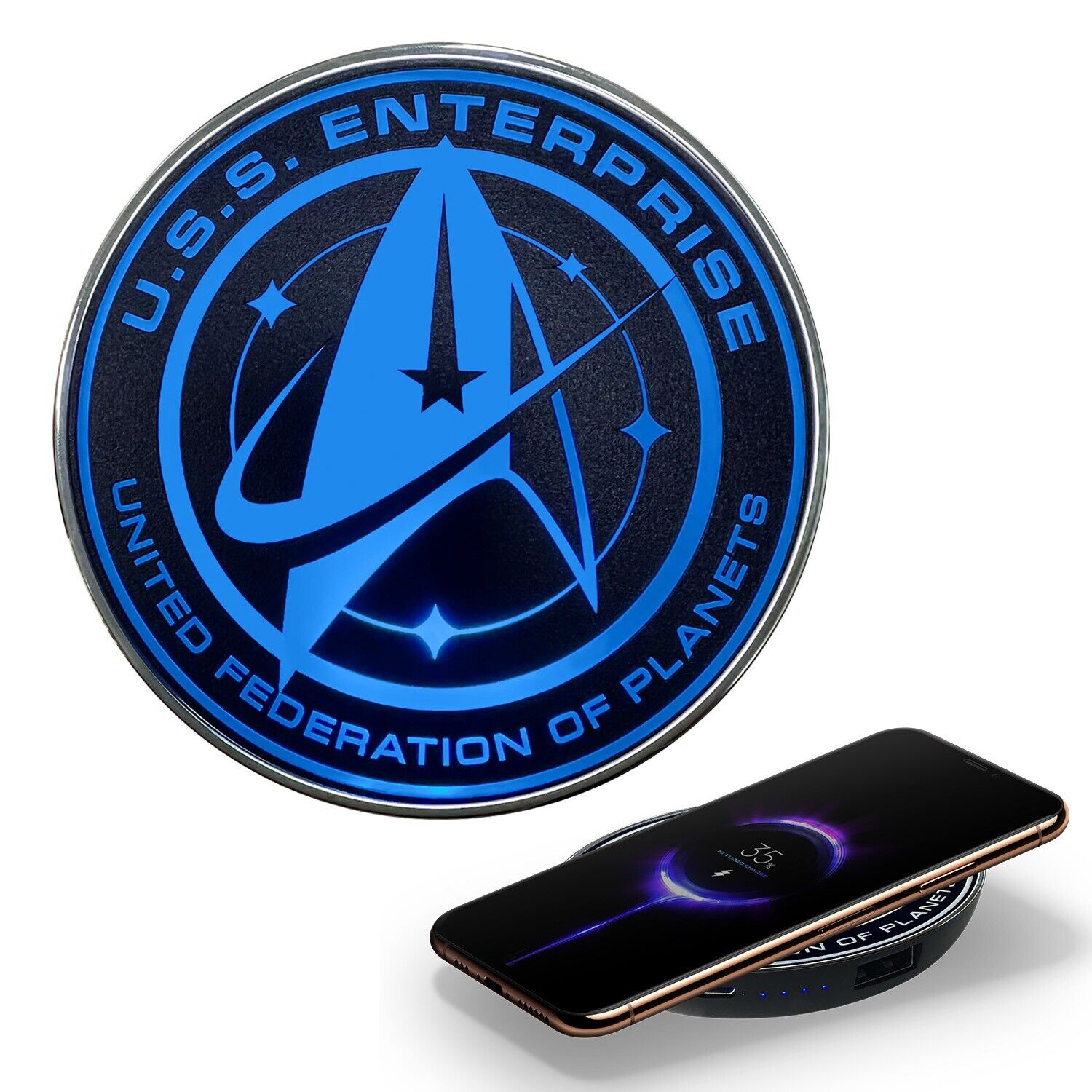 Star Trek Qi Wireless Charger with Enterprise Emblem Illuminated Logo