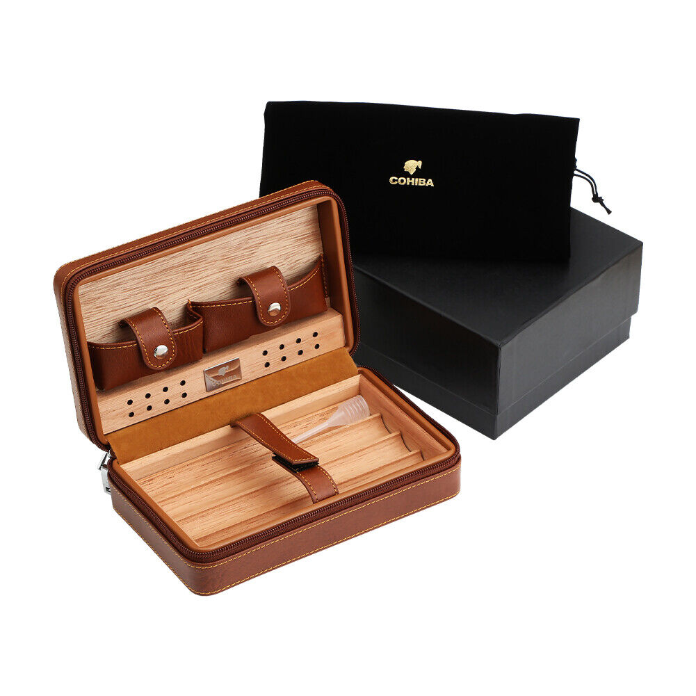 Cohiba Leather Cigar Humidor Case Travel Box Holder 4 Cigar Tube Cedar Wood Gift