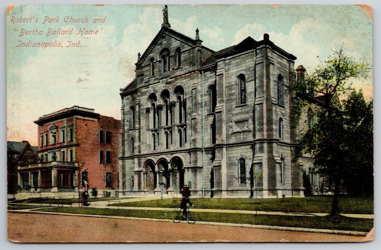 Indianapolis IN~Man Rides Past Roberts Park Church & Bertha Ballard Home~1924 PC
